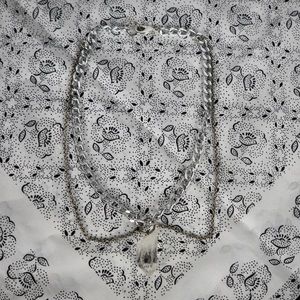 Silver Tone Chainlink Chainmail Layer O-Ring Choker Clear Quartz Crystal Pendant